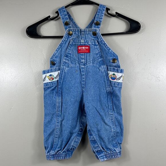 Vintage OshKosh B’Gosh Baby Denim Overalls USA Baseball Bear 90s Romper 3-6 M